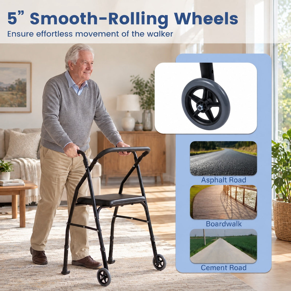 Airfind Lightweight Aluminum Mobility Walker for Seniors with 2 Wheels 5-Level Adjustable Height and Padded Seat, 220 lbs Capacity, Black