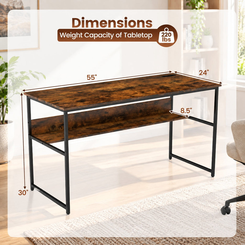 Airfind 55 x 24 inch Computer Desk with Power Outlets and USB Ports, 220 lbs Capacity, Engineered Wood Metal Frame, Brown