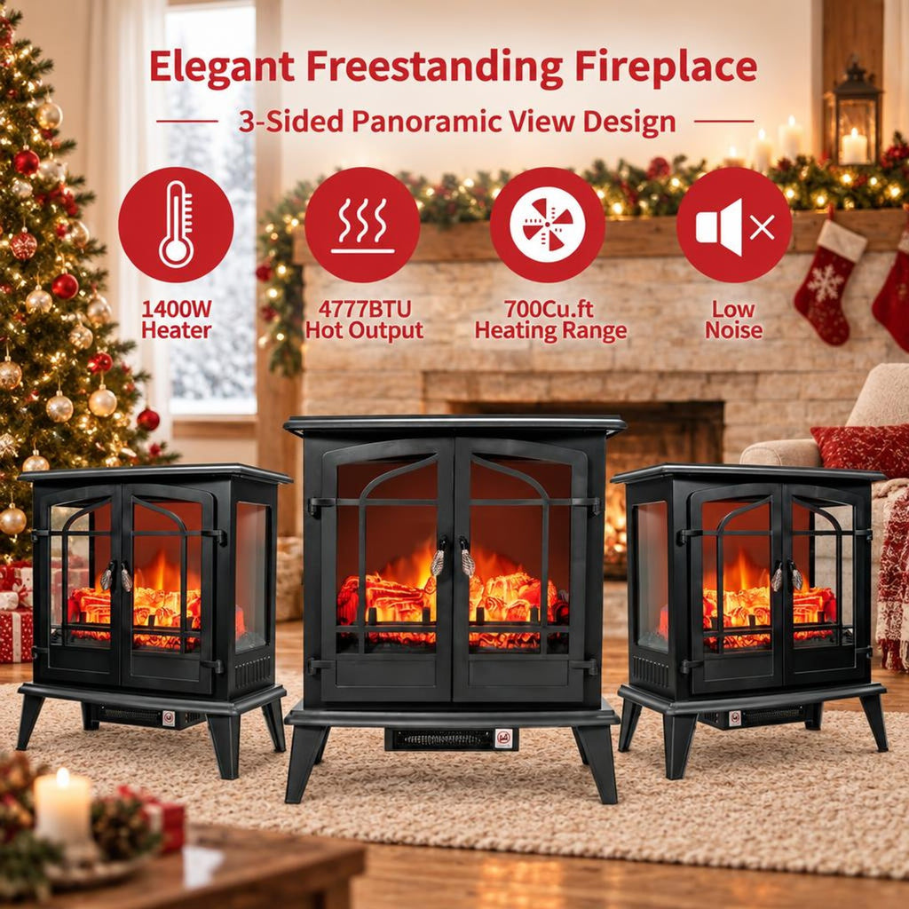 Airfind 25 Inch Freestanding Electric Fireplace Heater with Realistic Flame effect, Iron Frame, 25in x 15in x 28.5in (L x W x H） Footprint, Black