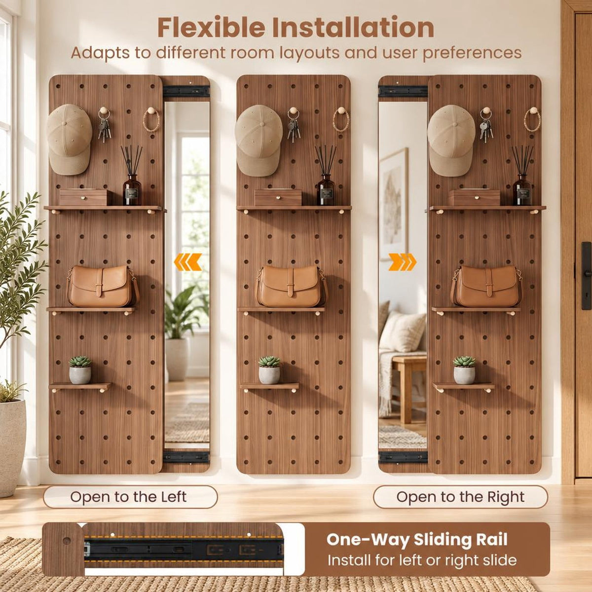 Airfind Solid Wood Full Length Mirror with Pegboard Shelves and Hooks for Entryway, Solid Wood Glass Frame, 16 x 5.5 x 55 Footprint, Brown