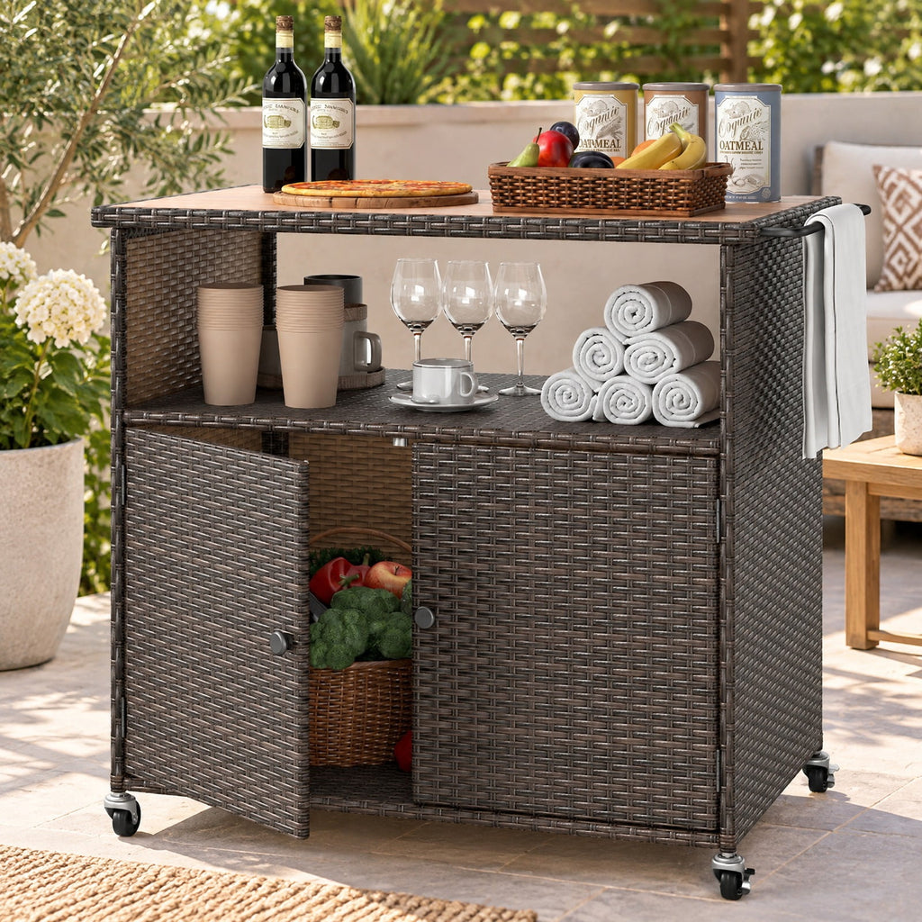 Airfind Outdoor Storage Cabinet with Acacia Wood Top and Lockable Wheels, 180 lbs Capacity, PE Rattan Acacia Wood Metal Frame, Brown