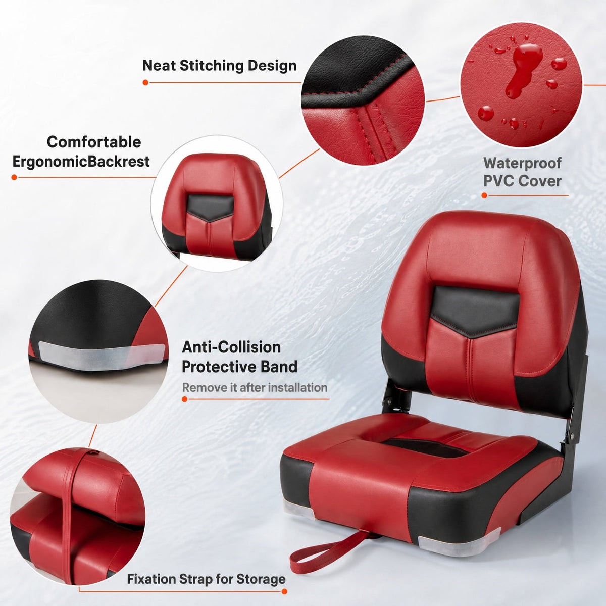 Airfind Set of 2 Folding Low Back Fishing Boat Seats with Stainless Steel Screws and Ergonomic Backrest for Pontoons and Cabin Seating, Red