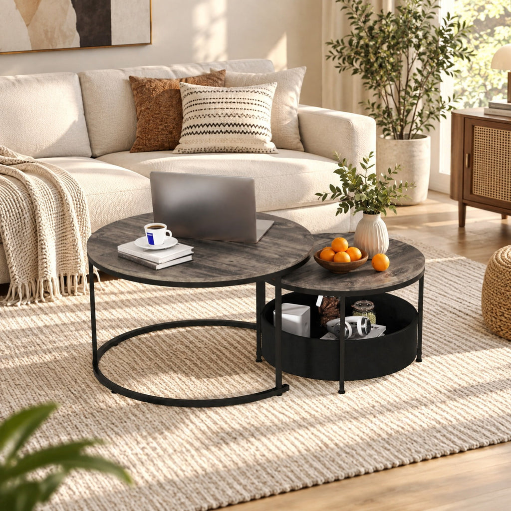 Airfind Round Coffee Table Set of 2 31.5 and 24 Circle Cocktail Table with Fabric Storage Basket, 110 lbs Capacity, 31.5 x 19 Footprint, Gray
