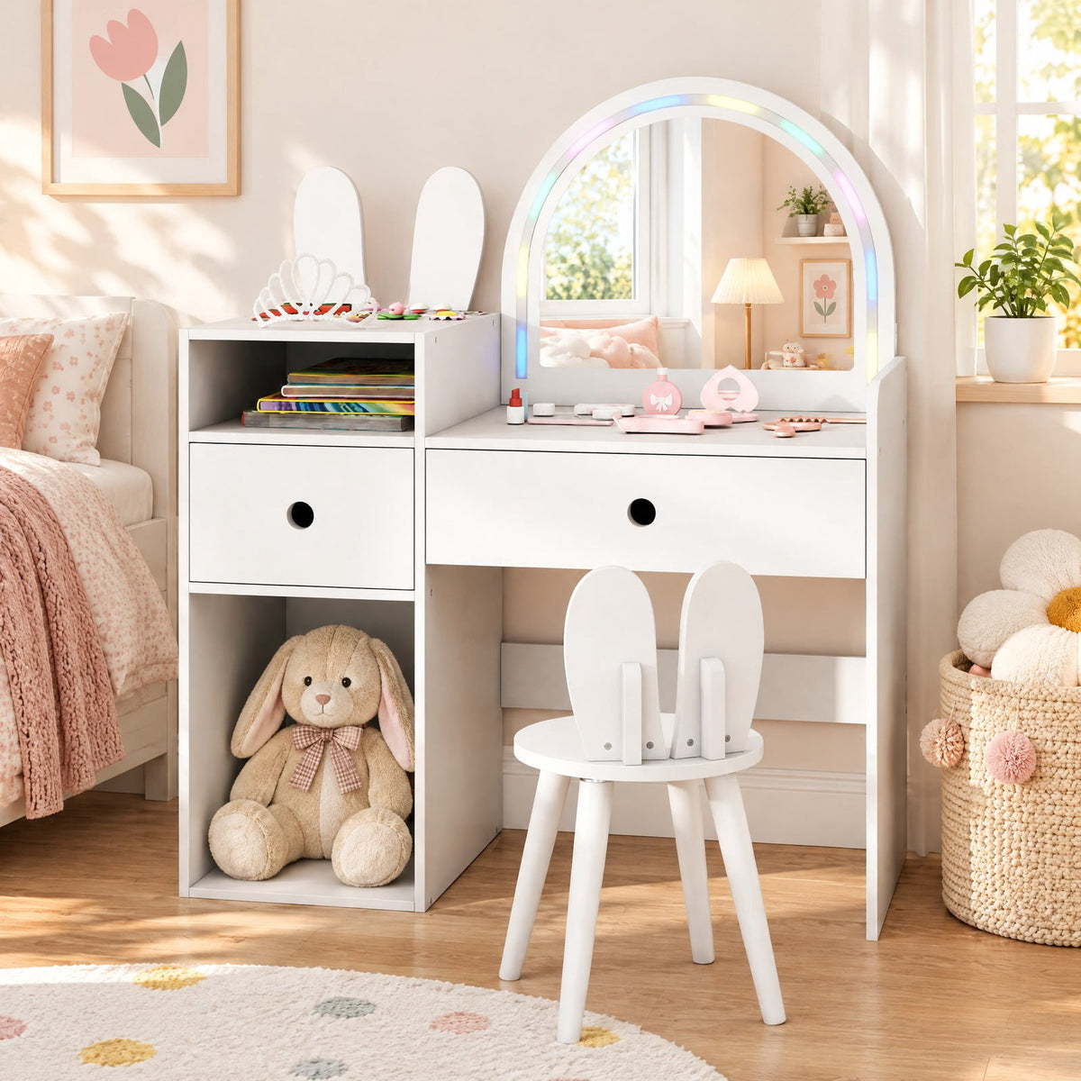 Airfind Kids Vanity Desk and Chair Set with Lights Open Shelves, 110 lbs Capacity, MDF Frame, 31.5 x 15.5 x 37.5 Tabletop Footprint, White