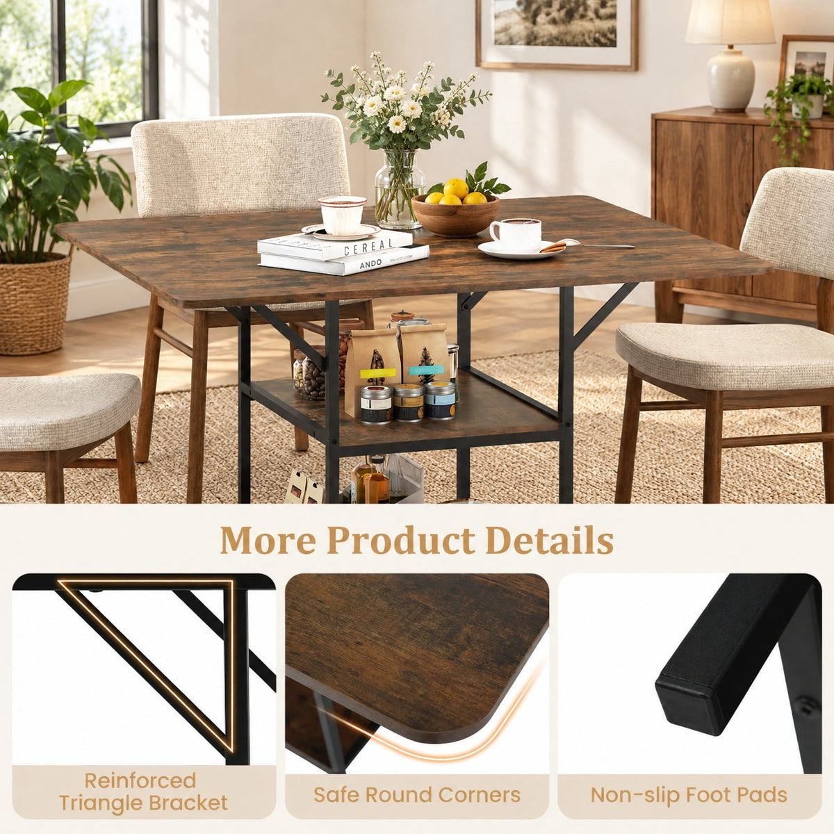 Airfind 47 Inch Rectangular Dining Table with 2 Open Storage Shelves and Sturdy Metal Legs for 4-6-Rustic Brown costway2, 155 lbs Capacity, Brown