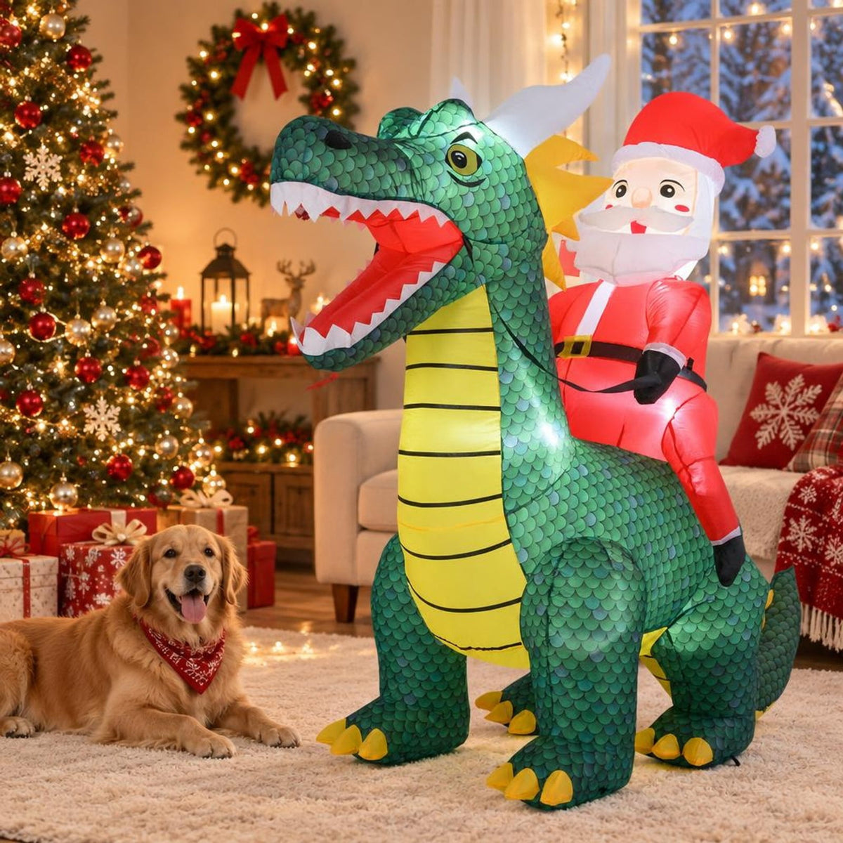 Airfind 6.7 Feet Christmas Inflatable Santa Claus Ride on Dinosaur with Built, Polyester Fabric Frame, 6.7 ft x 3 ft x 6 ft Footprint, Multi-color