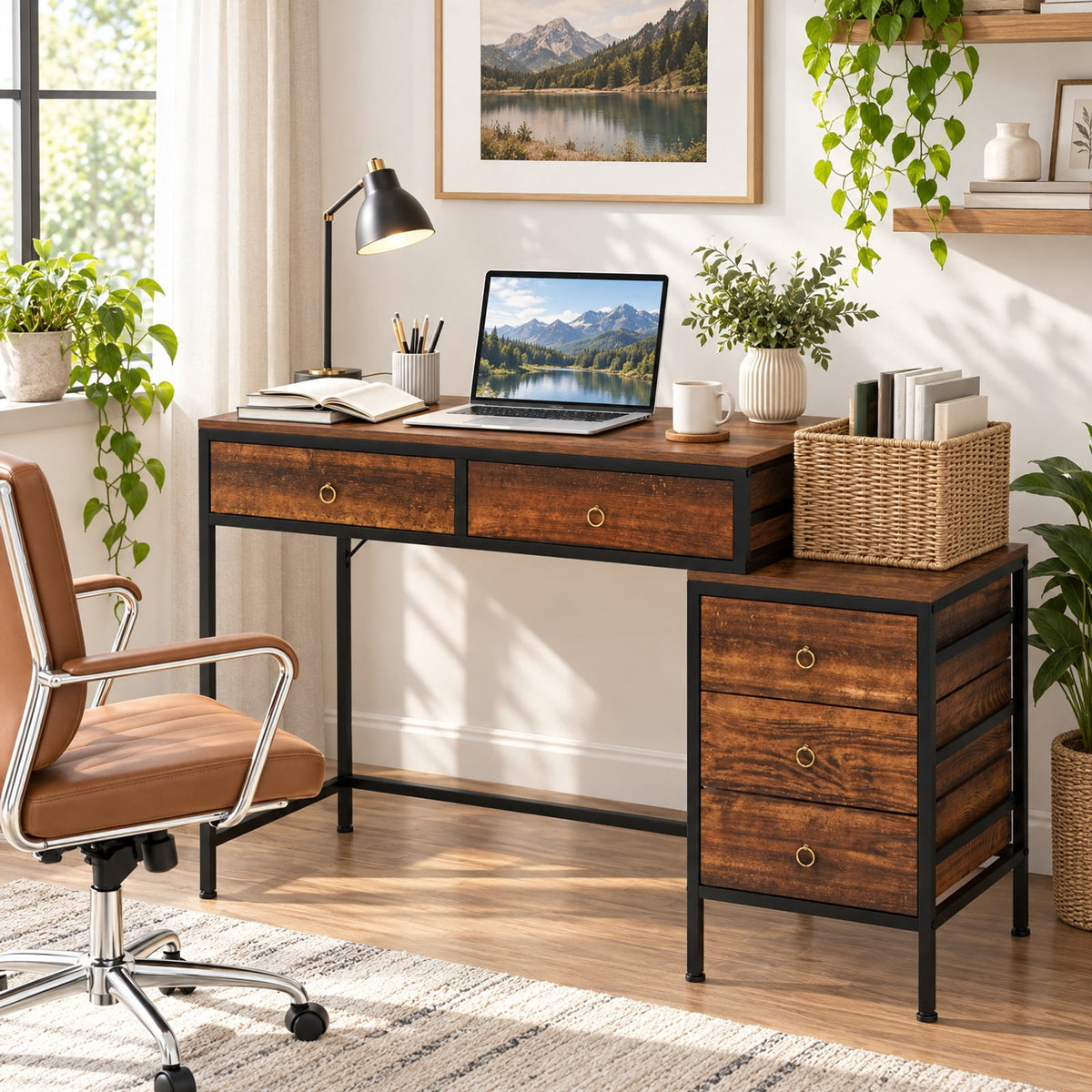 Airfind Computer Desk with 5 Drawers Home Office Desk with Side File Cabinet, 380 lbs Capacity, Engineered Wood Metal MDF Frame, Brown