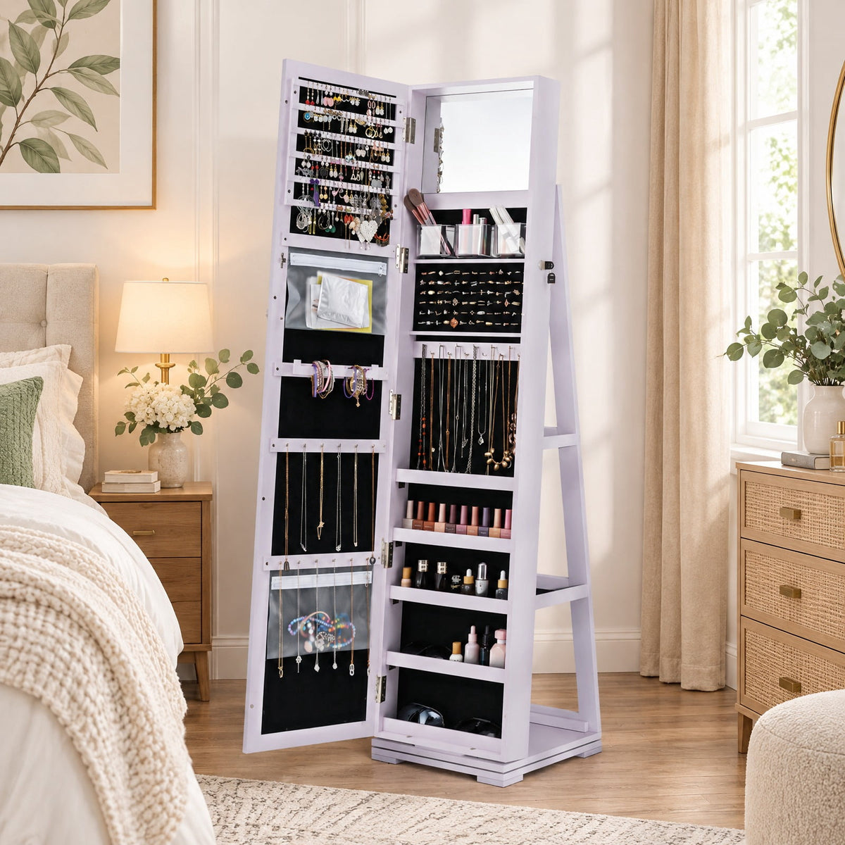 Airfind 360° Rotatable 2-in-1 Lockable Jewelry Cabinet with Full-Length Mirror, P2 MDF Frame, 15 Inch x 15 Inch x 63.5 Inch (L x W x H) External Footprint