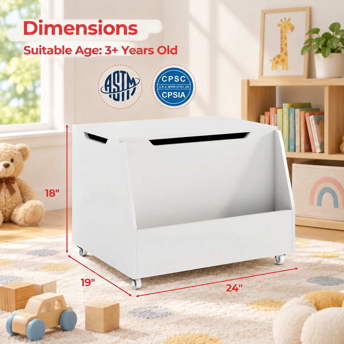 Airfind Wooden Mobile Toy Storage Organizer with Bookshelf and Lockable Wheels, 110 lbs Capacity, MDF PP Frame, 24in x 19in x 18in Footprint, White