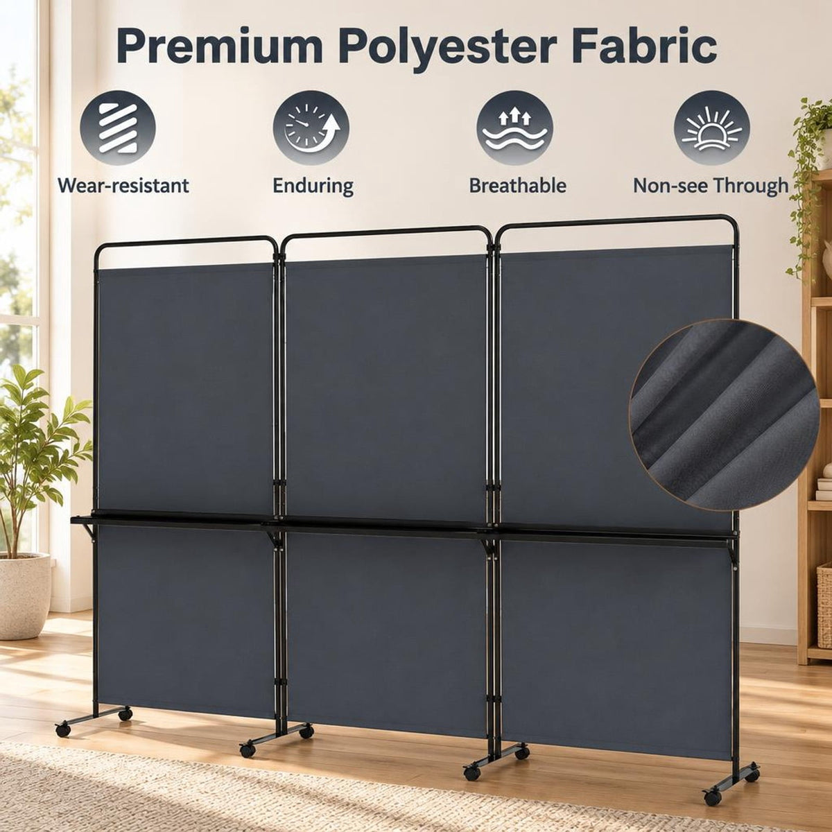 Airfind 3-Panel Room Divider with Shelves 6 FT Tall Folding Privacy Screen with Lockable Wheels, Polyester Fabric Metal Frame, Grey