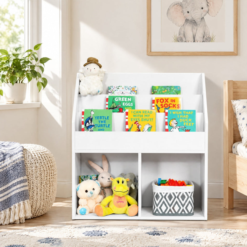 Airfind Kids Wooden Bookshelf Bookcase Children Toy Storage Cabinet Organizer, Engineered wood Frame, 29in x 12in x 32in Footprint, White