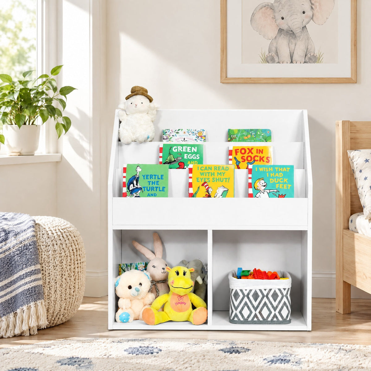 Airfind Kids Wooden Bookshelf Bookcase Children Toy Storage Cabinet Organizer, Engineered wood Frame, 29in x 12in x 32in Footprint, White