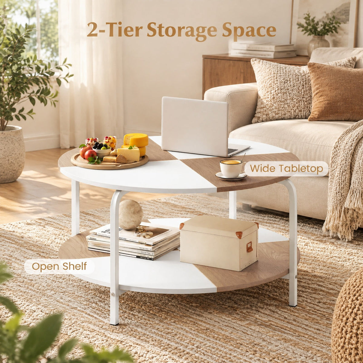 Airfind 2-Tier Round Coffee Table Metal Frame with Storage Shelf-Natural and White, 220 lbs Capacity, Engineered Wood Metal Frame, Coffee