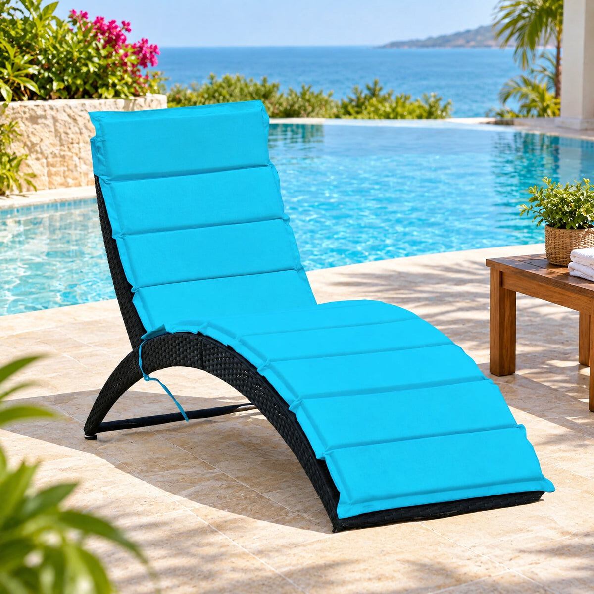 Airfind Folding Patio Rattan Portable Lounge Chair Chaise with Cushion, PE rattan steel non-woven fabric sponge Frame, Turquoise
