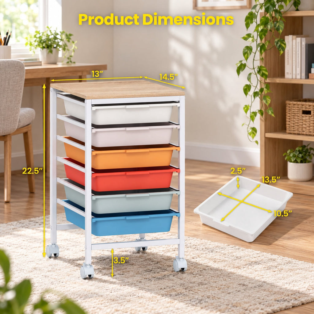 Airfind 6-Drawer Rolling Storage Cart with Wooden Tabletop, 35 lbs Capacity, MDF PP Metal, 14.5 Inch x 13 Inch x 22.5 Inch , Natural + White