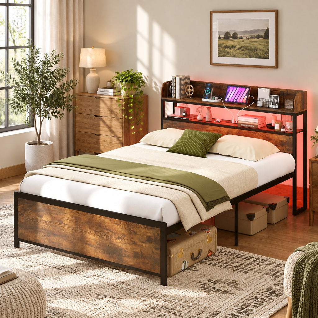 Airfind LED Bed Frame with Power Outlets and Storage Headboard, 1000 lbs Capacity, Engineered Wood Metal MDF Frame
