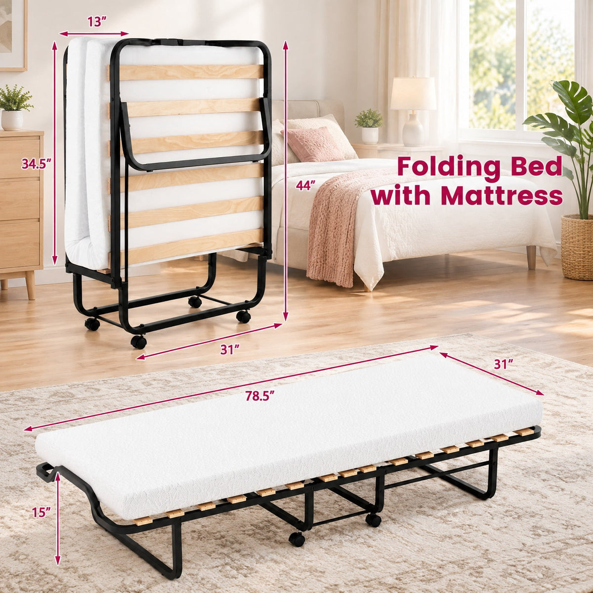 Airfind Rollaway Folding Bed with Memory Foam Mattress Made in Italy, 265 lbs Capacity, Steel wood memory foam polyurethane Frame