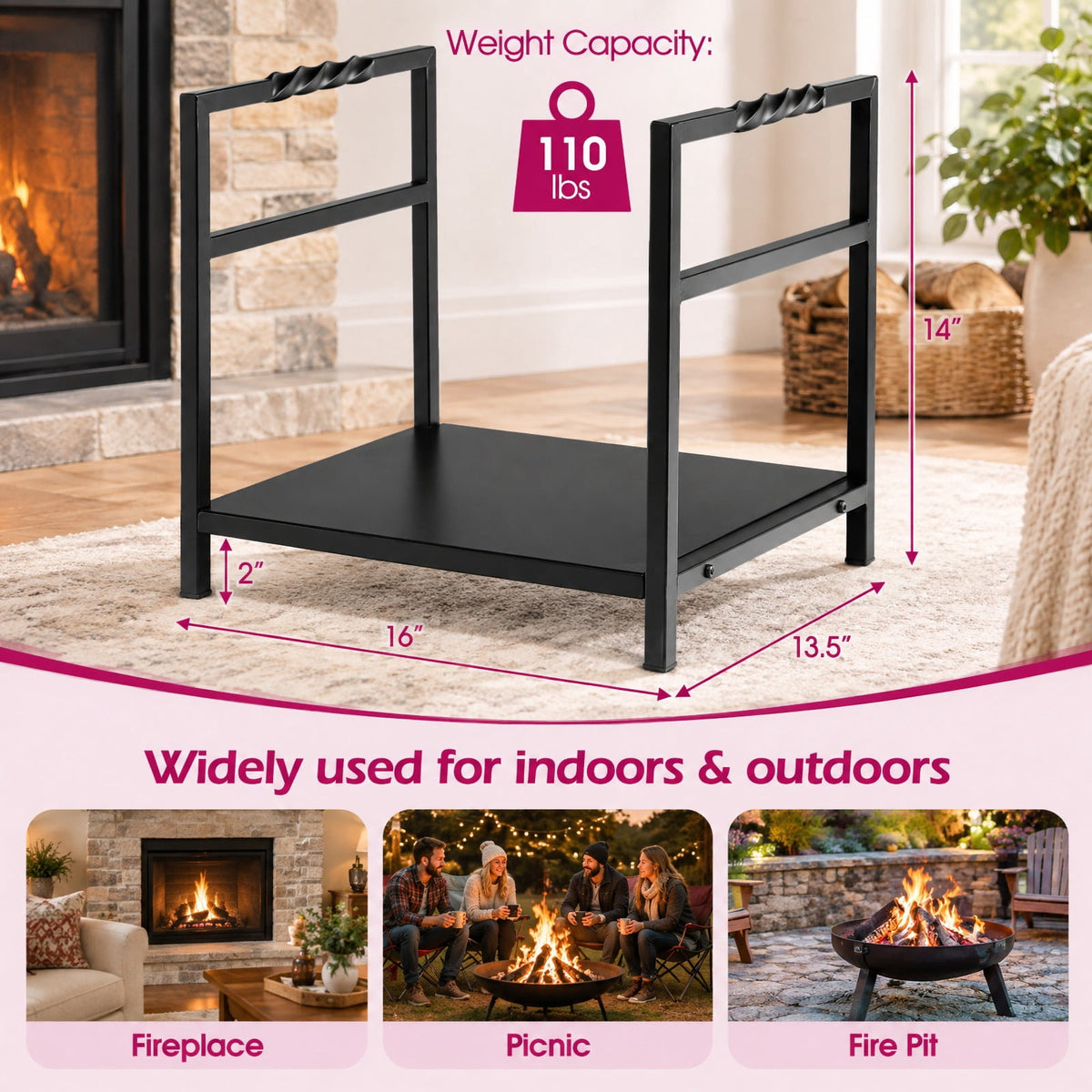 Airfind Firewood Log Rack with Unique Handle and Raised Feet, 110 lbs Capacity, Steel Frame, 16 x 13.5x 14 Footprint, Black