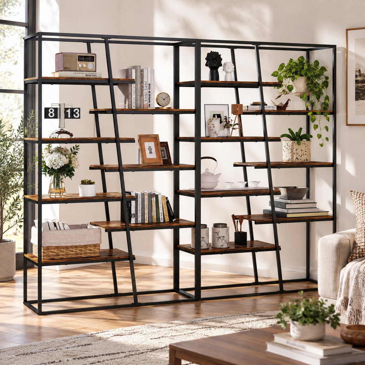 Airfind 71-Inch 7-Tier Industrial Etagere Bookcase with Heavy-duty Metal Frame, Engineered Wood Metal Frame, 45in x 16in x 71in Footprint, Brown