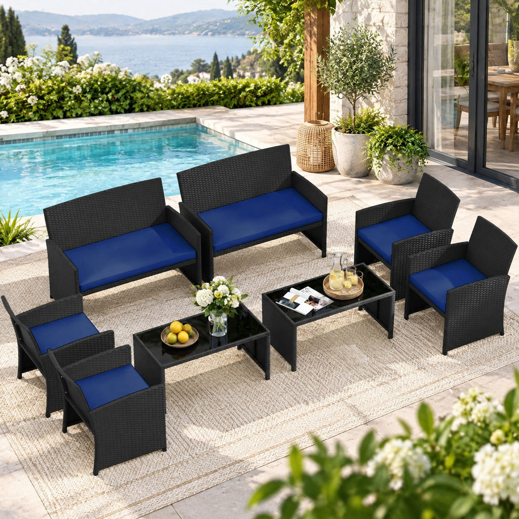 Airfind 4 Pieces Patio Furniture Set with Tempered Glass Tabletop and Removable Cushion, 400 lbs Capacity, Rattan Steel Sponge Frame, Navy