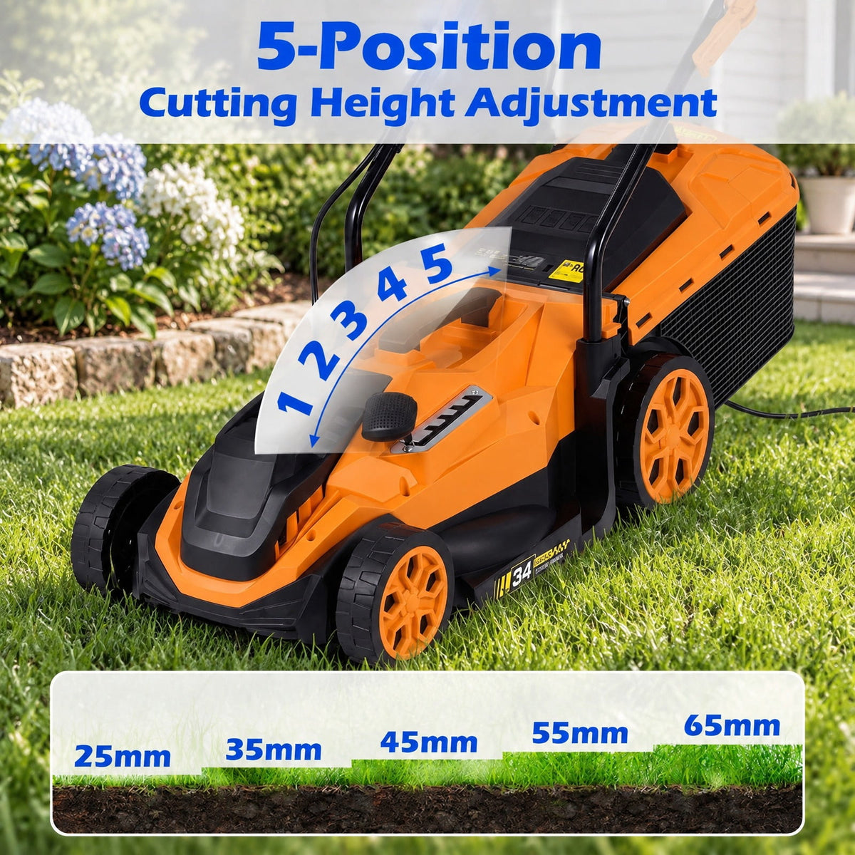 Airfind 14-Inch 12-Amp Corded Electric Lawn Mower w/ 5-Position Height Adjustment, Metal Frame, 44-45.5 x 14 x 38.5-39.5 Footprint, Orange