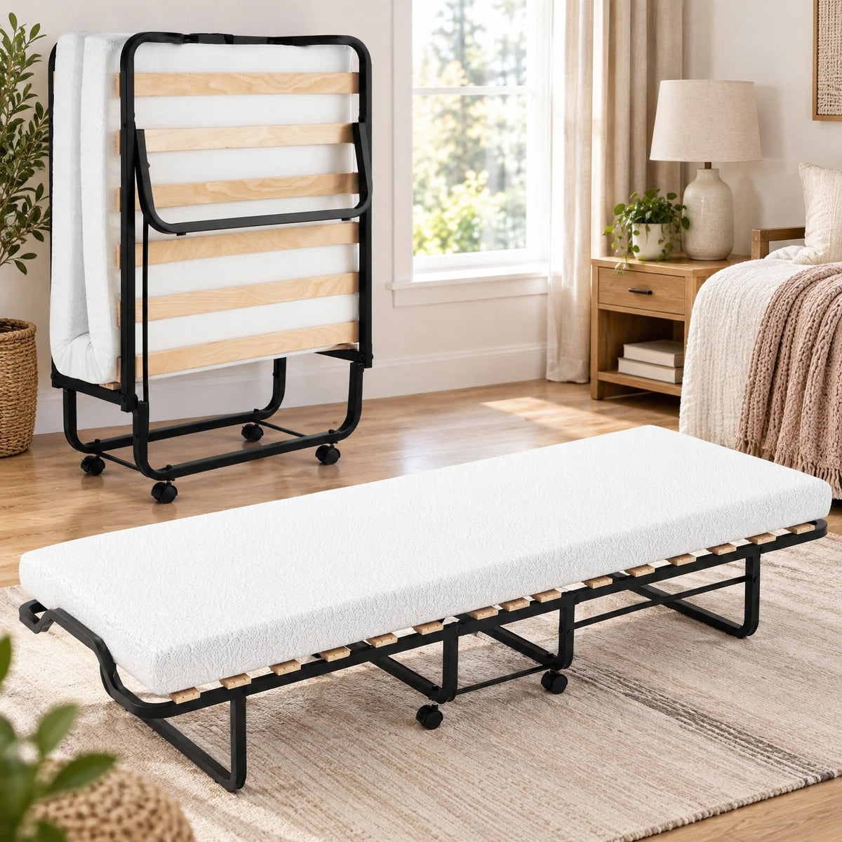 Airfind Rollaway Folding Bed with Memory Foam Mattress Made in Italy, 265 lbs Capacity, Steel wood memory foam polyurethane Frame
