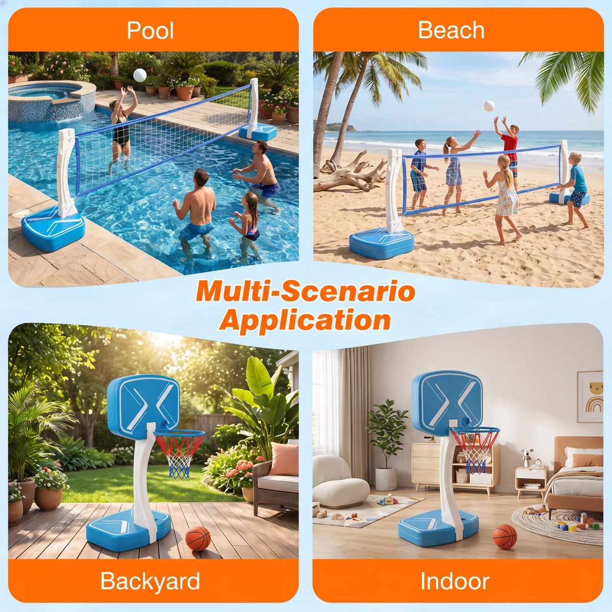 Airfind 2 in 1 Pool Basketball Hoop and Volleyball Net Set with Weighted Base for Swimming Pool Beach and Backyard Water Games, Blue