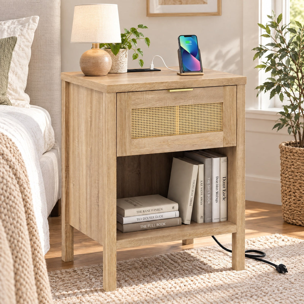 Airfind Rattan Nightstand with Charging Station and Storage Shelf for Bedroom, 88 lbs Capacity, Engineered Wood PVC Rattan Metal Frame, Oak