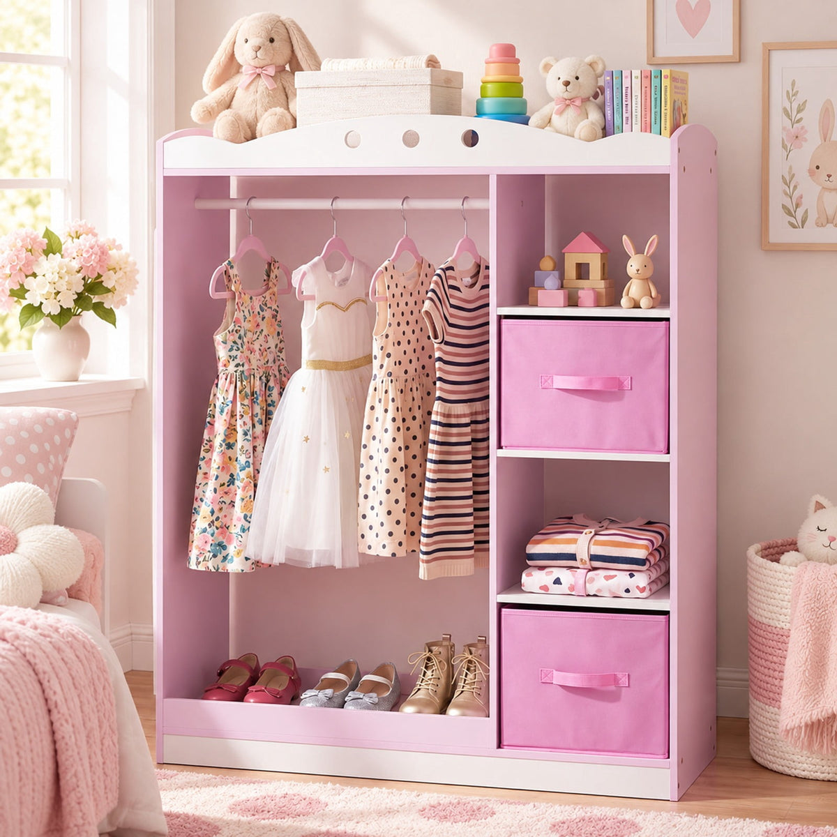 Airfind Kids Dress Up Storage with Full Length Mirror and Open Shelves, Engineered Wood Frame, for 3+ Years Old, 35.5in x 12in x 44in Footprint, Pink