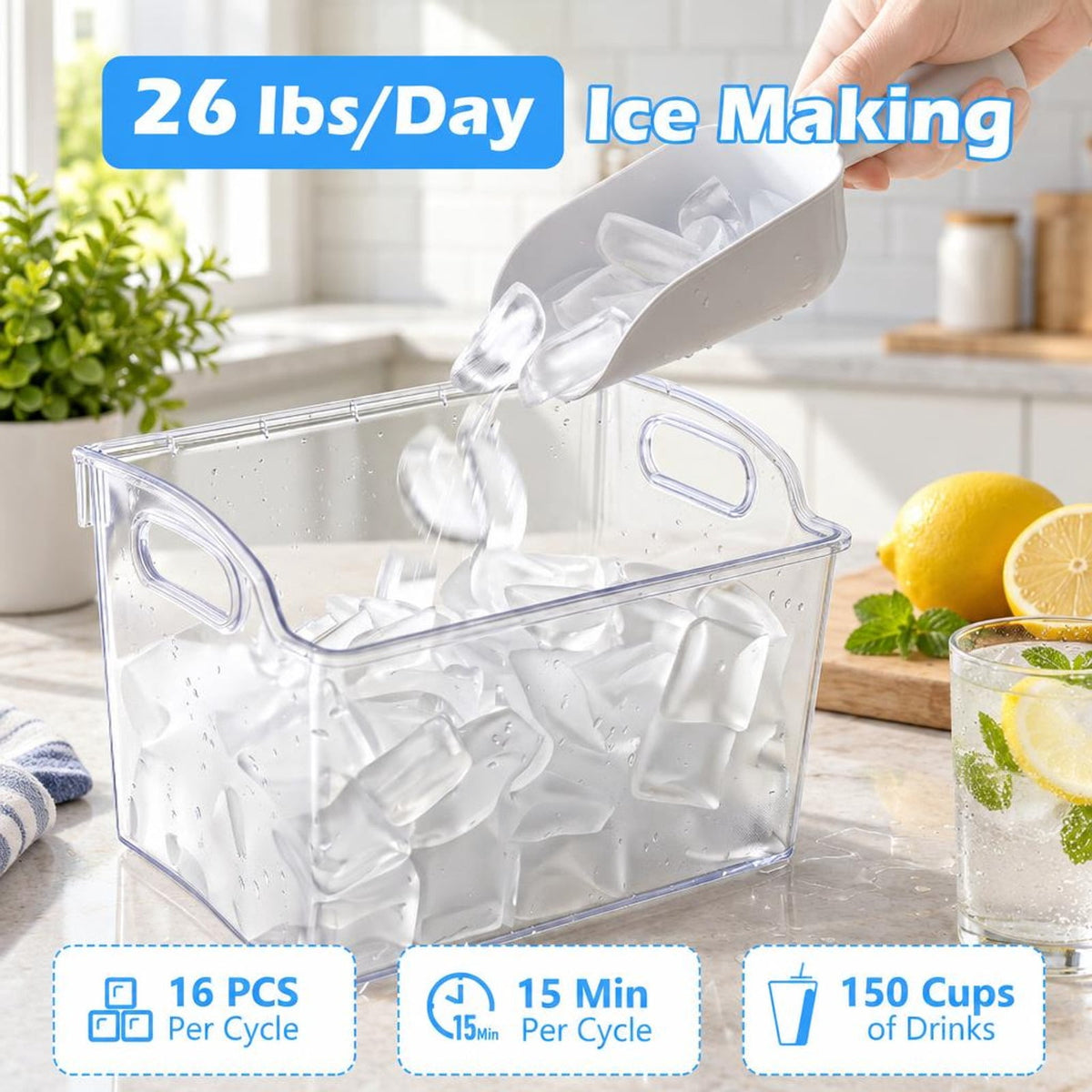 Airfind Crescent Ice Maker Countertop 26 lbs/24h Ice Machine featuring 16 Crescent Cubes, Stainless Steel ABS PP Frame, Black