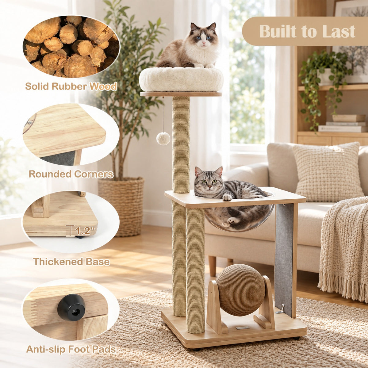 Airfind 40 Inch Solid Wood Cat Tree featuring Space Capsule and Sisal Posts and Scratching Board, 23.5 Inch x 21 Inch x 40 InchBase Footprint, Natural