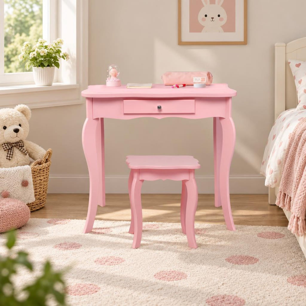 Airfind Kids Makeup Dressing Mirror Vanity Table Stool Set, 33 lbs Capacity, MDF Frame, 27.5 x 13.5 x 41 Footprint, Pink