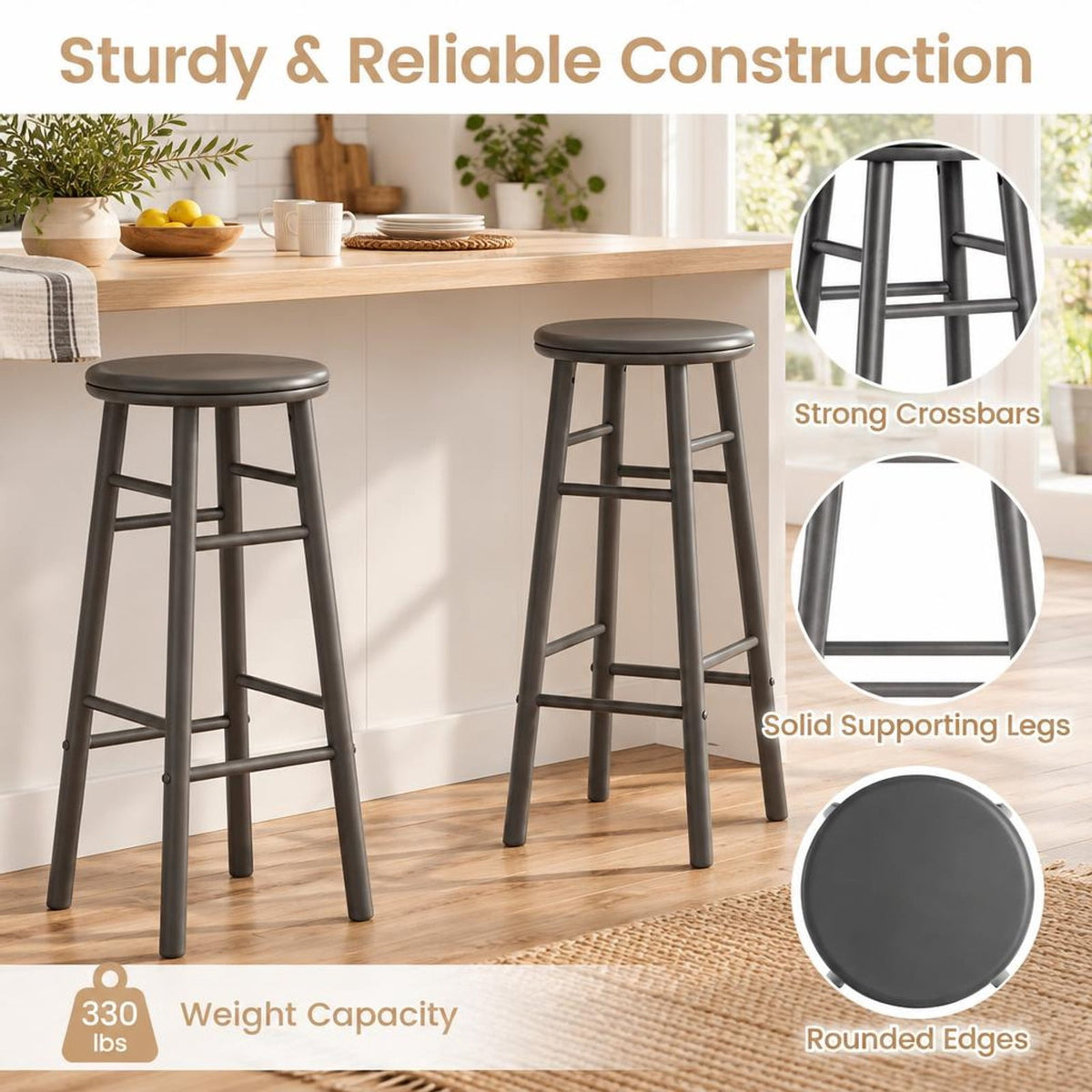 Airfind 29in Swivel Bar Stools Set of 2 with Footrests and Crossbars, 330 lbs Capacity, Rubber Wood Frame, 13in x 13in x 29in Footprint, Gray