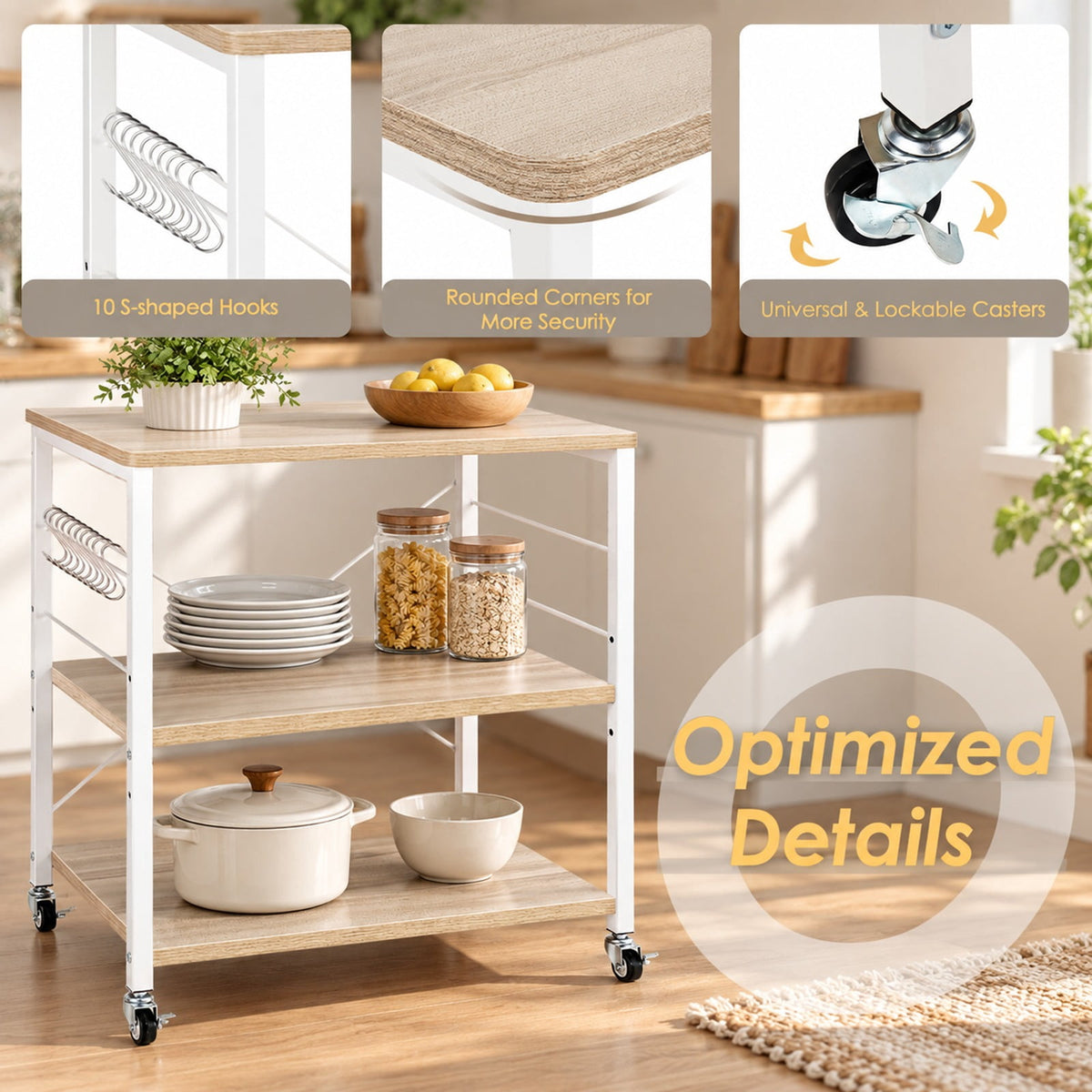 Airfind 3-Tier Kitchen Bakers Rack Microwave Oven Storage Cart with Hooks, 44 lbs Weight capacity of each shelf: 22 lbs Capacity, Iron Frame, Brown