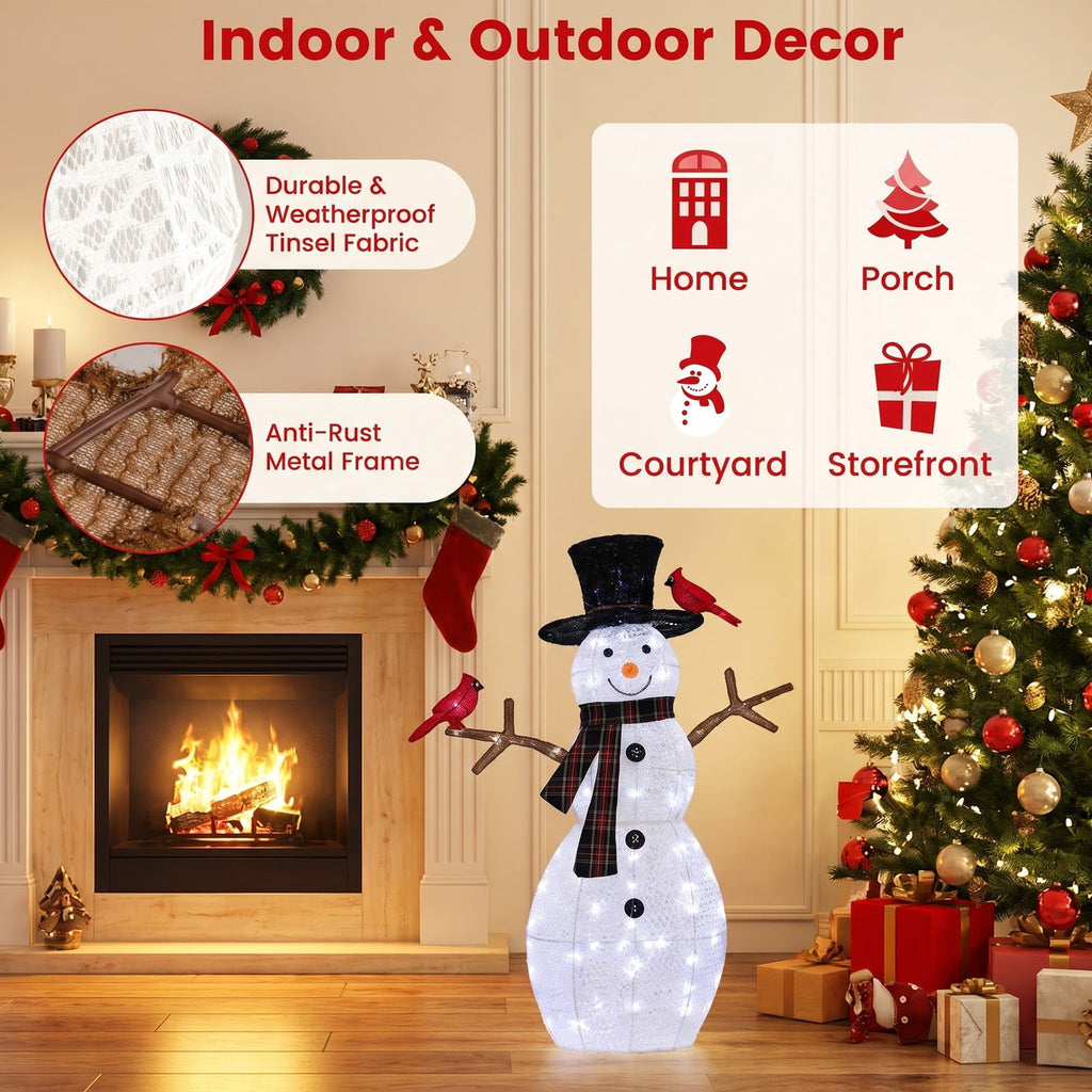 Airfind 4.2 Feet Lighted Snowman and Redbirds Christmas Decoration, Tinsel Fabric Metal Frame, 3.3 x 0.5 x 4.2 ft Footprint, Black+White+Red
