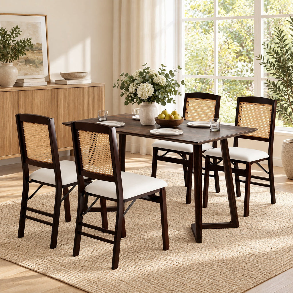 Airfind Folding Dining Chairs Set of 2 Rubber Wood Chairs with Linen Padded Seat, 400 lbs Capacity, Rubber Wood PE Rattan Linen Fabric Sponge Frame