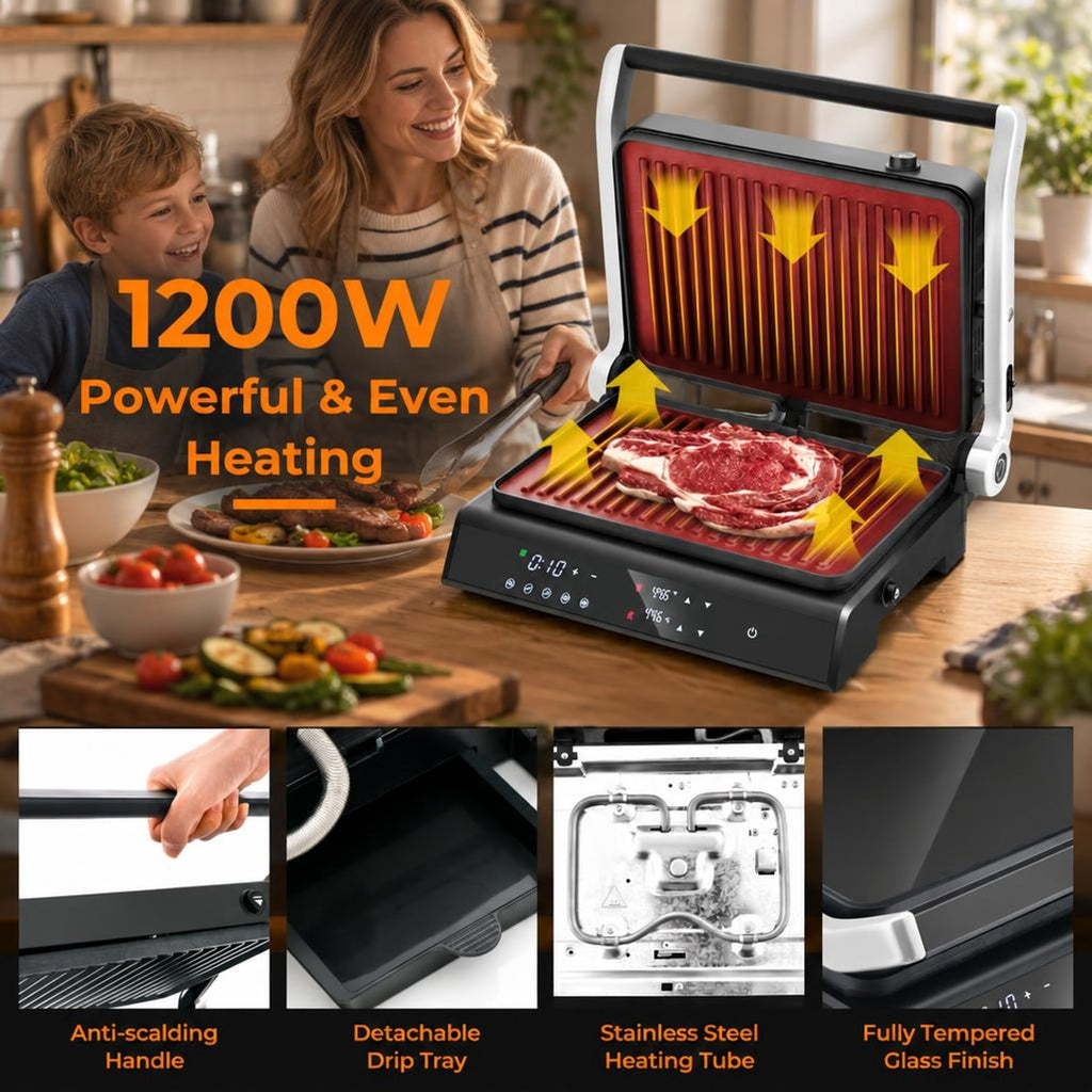 Airfind 3 in 1 Indoor Electric Panini Press Grill with LED Display, Tempered Glass Aluminum Metal Stainless Steel Frame, Black