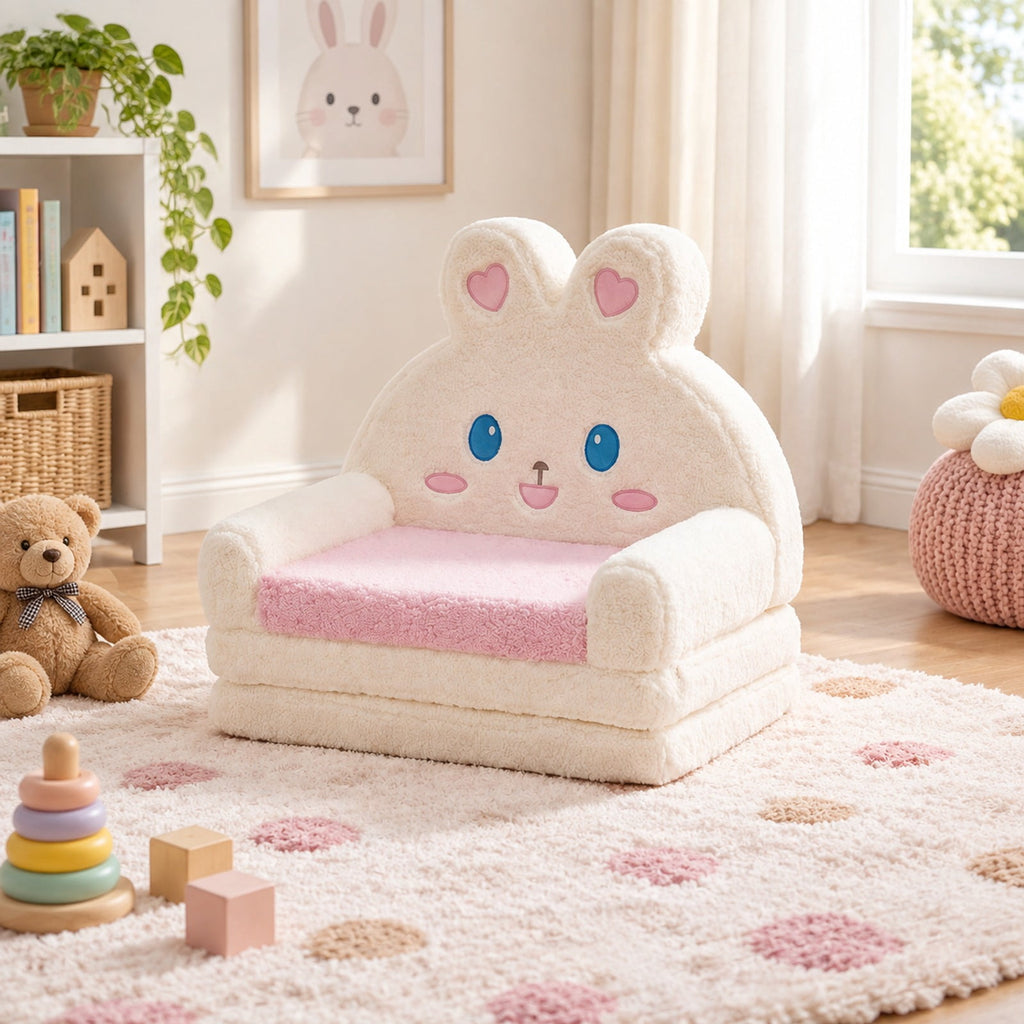 Airfind 2-in-1 Convertible Kids Sofa to Lounger with Bunny Pattern, Cotton Velvet Sponge Frame, for 18-36 Months Old, Pink