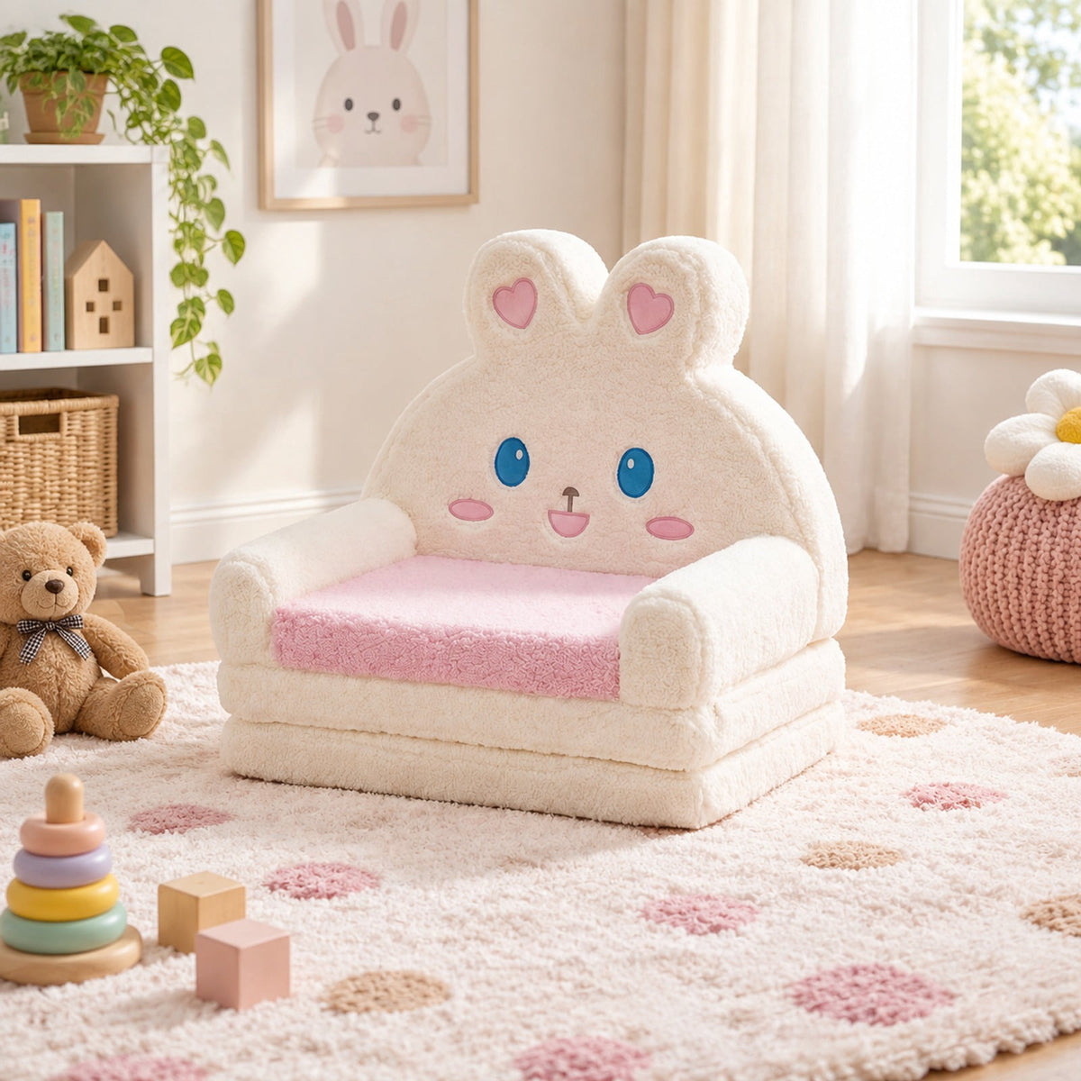 Airfind 2-in-1 Convertible Kids Sofa to Lounger with Bunny Pattern, Cotton Velvet Sponge Frame, for 18-36 Months Old, Pink