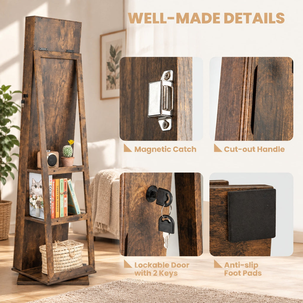 Airfind 360° Swivel Jewelry Armoire Standing Jewelry Organizer with Full Length Mirror and Back Shelves, MDF Glass Frame, Brown