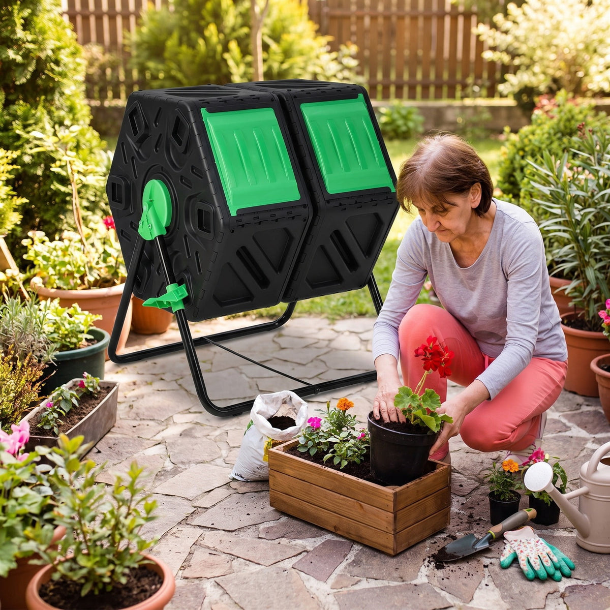 Airfind Dual Chamber Garden Compost Tumbler with Sliding Doors-Black Green, Black, Dimensions 25.5 x 23.5 x 29Size of 2