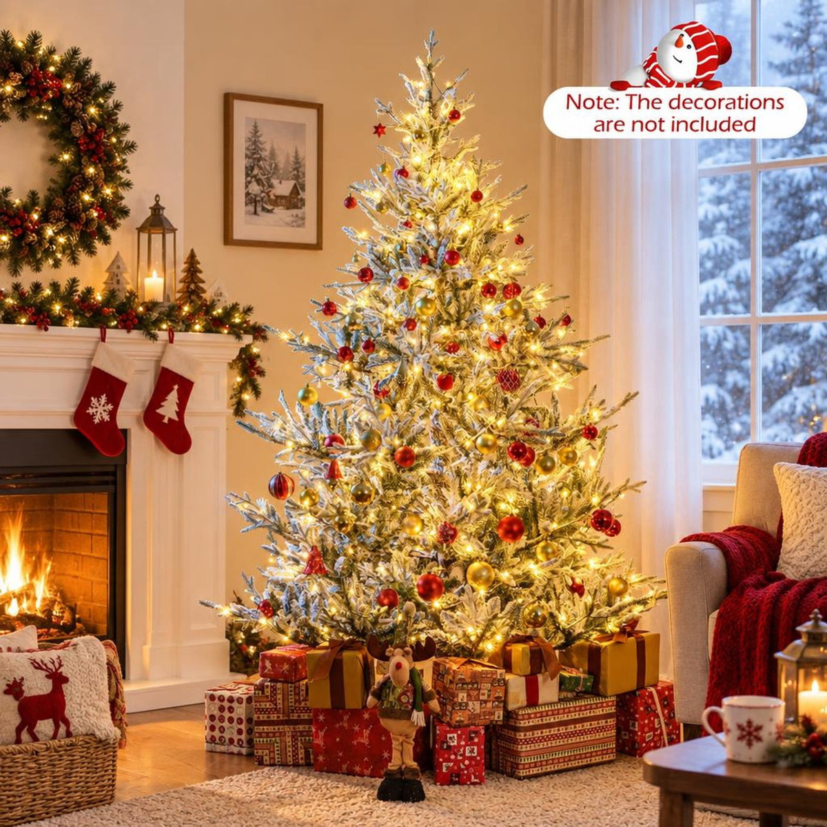 AIRFIND Pre-Lit Christmas Tree 7 ft Snow Flocked with 1074 Branch Tips, 450 Warm White LEDs, 13 Light Modes, Timer and Metal Stand