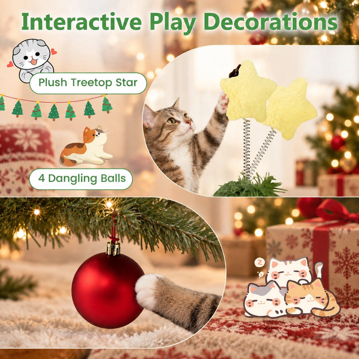 Airfind Christmas Cat Tree with Scratching Post and Dangling Balls for Indoor Cats, 33 lbs Capacity, Green