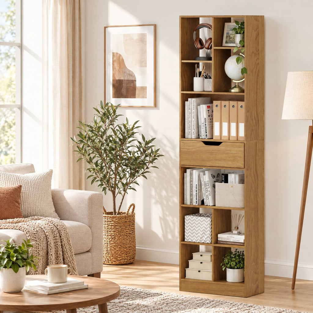 Airfind 71inch Tall Freestanding Bookcase with Drawer 10-Cube Storage Organizer, 205 lbs Capacity, Engineered Wood MDF Frame, Natural