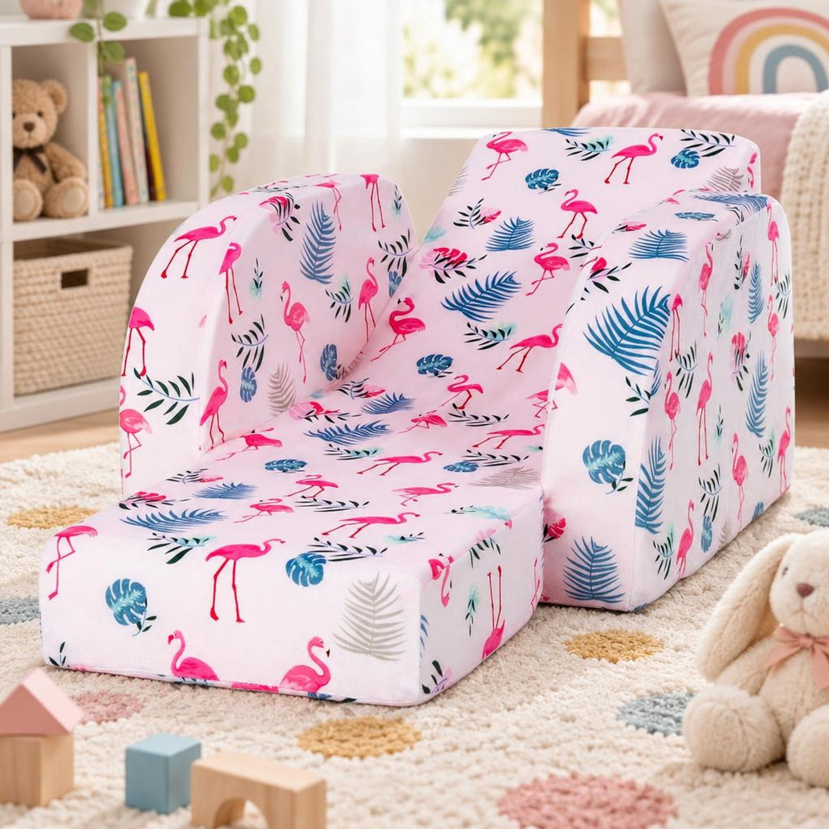 Airfind 3-in-1 Convertible Kid Sofa Bed Flip-Out Chair Lounger for Toddler, 66 lbs Capacity, Velvet fabric sponge Fully expanded Frame, Pink