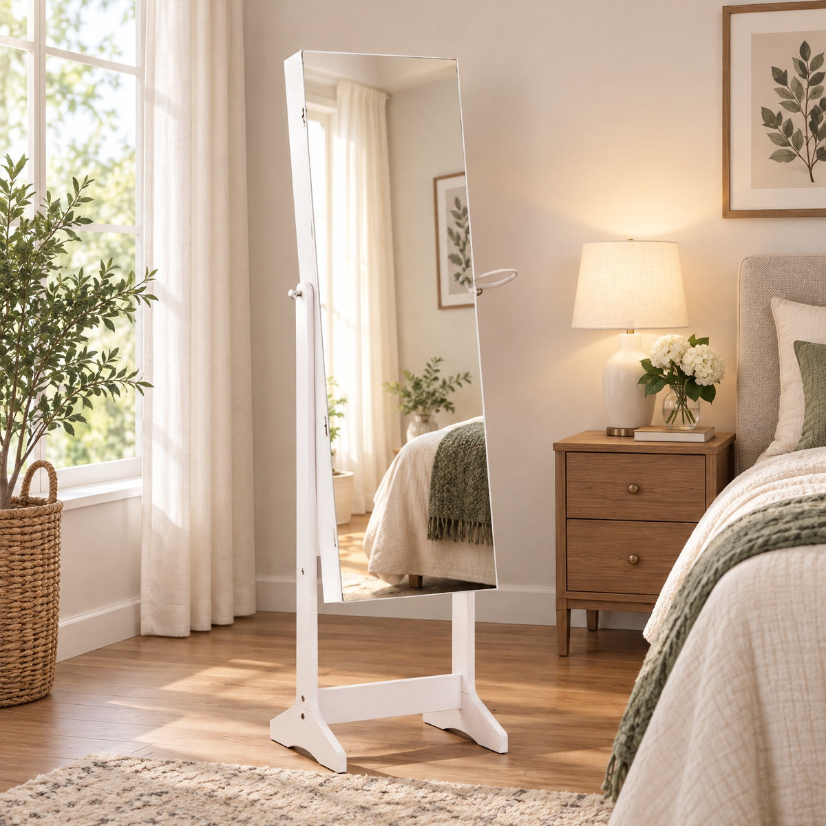 Airfind Jewelry Cabinet, Freestanding, with Full Length HD Mirror, MDF Glass Frame, 16 Inch x 14.5 Inch x 61.5 Inch Footprint, White