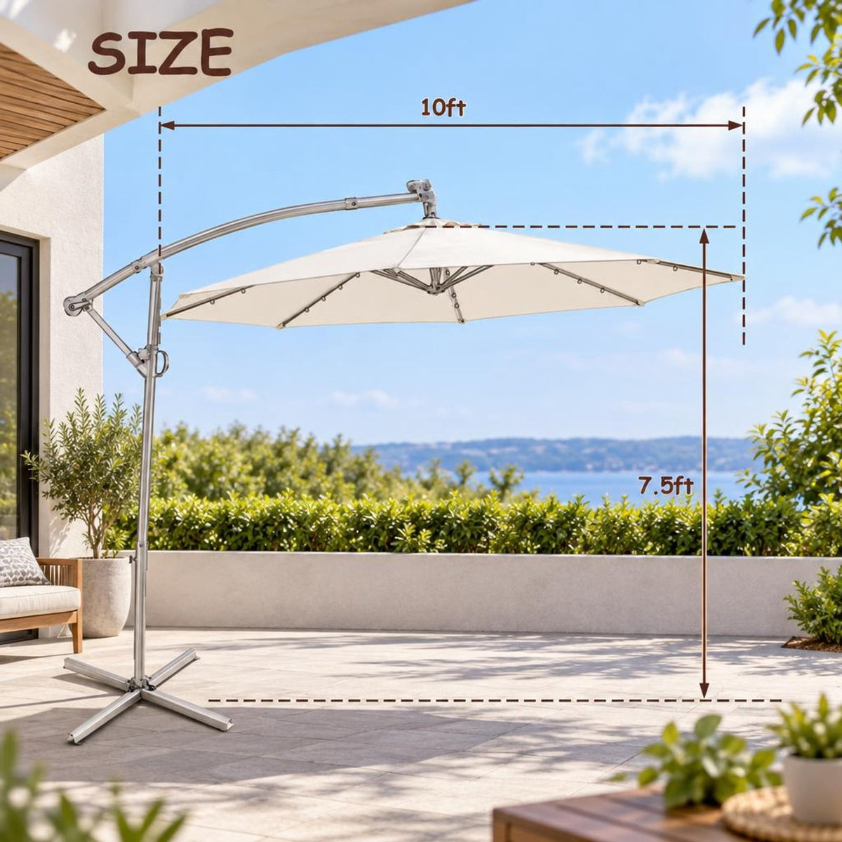 Airfind 10 ft 360° Rotation Solar Powered LED Patio Offset Umbrella without Weight Base, Steel aluminum polyester fabric Frame, 10 x 7.5 Footprint