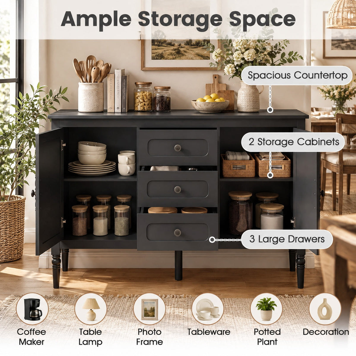 Airfind 47 Inch Vintage Buffet Cabinet with 3 Drawers 2 Cabinets and Adjustable Shelves for Dining Room, 110 Lbs Capacity, 47 Inch X 15.5 Inch X 31.5 Inch, Black