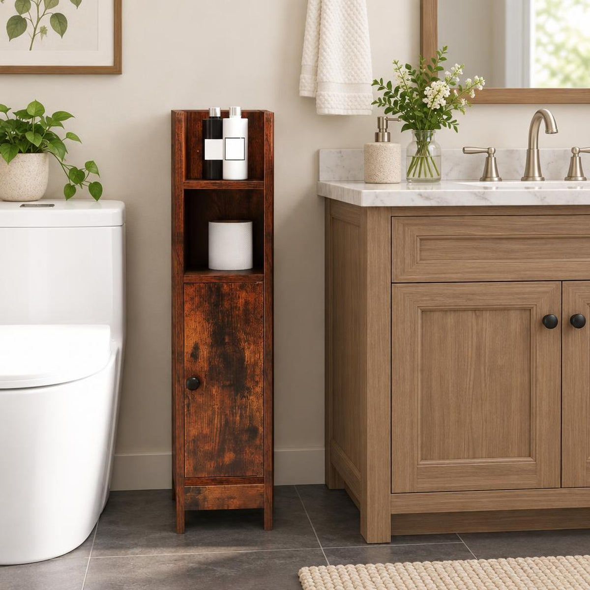 Airfind Bathroom Slim Cabinet Corner with Door and Adjustable Shelf, 44 lbs Capacity, Engineered Wood Frame, Brown