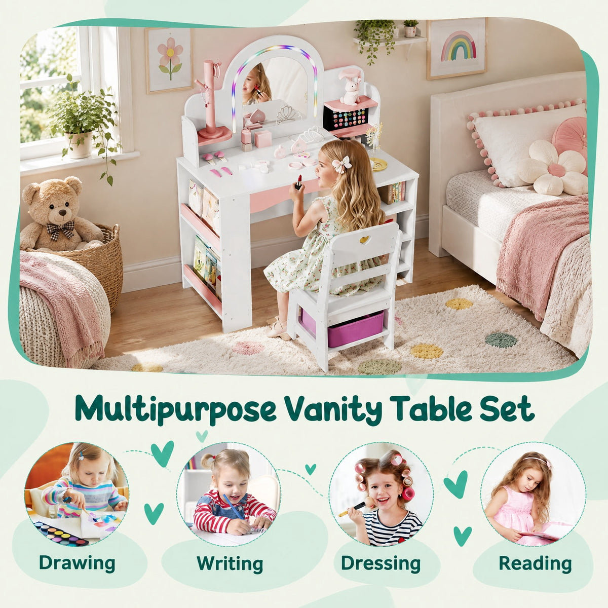 Airfind Kids Vanity Set with Colorful LED Lights Princess Makeup Dressing Table with Chair, 110 lbs Capacity, MDF Frame, 34in x 15.5in x 41in Footprint